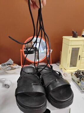 Call It Spring Jayda Lace Up Platform Sandals Size 9 Black Chunky Strappy